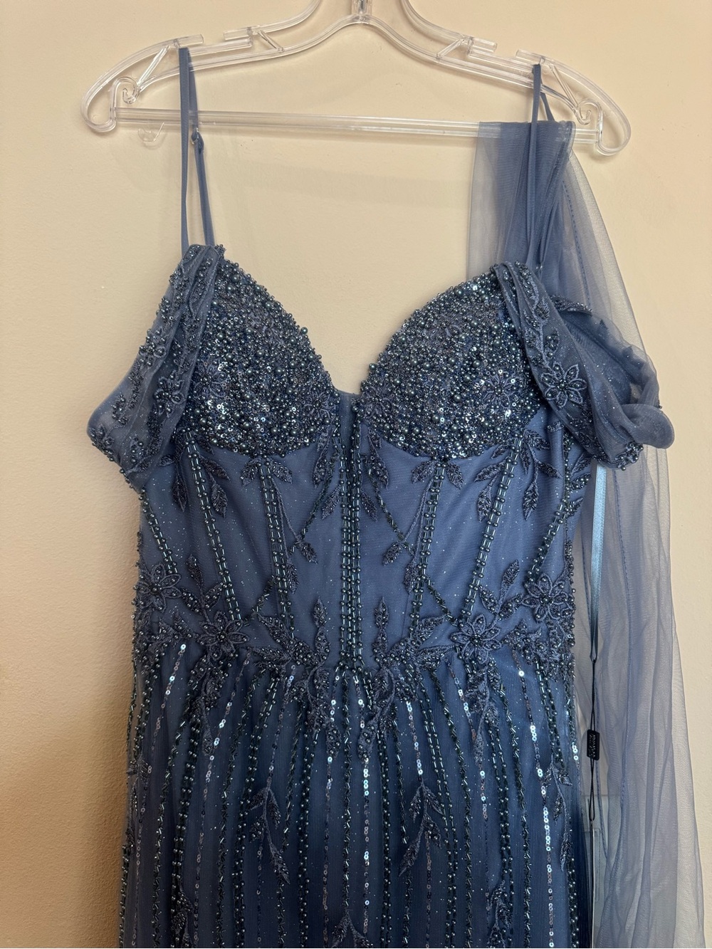 Off Shoulder Embellished Blue Evening Gown